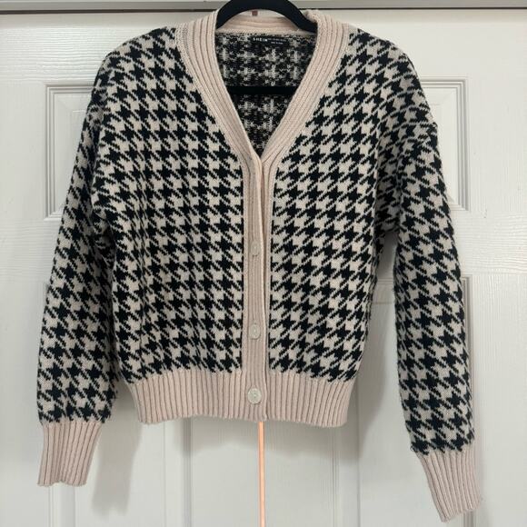 SHEIN Houndstooth V Neck Button Down Cardigan Black/Cream - Picture 1 of 9